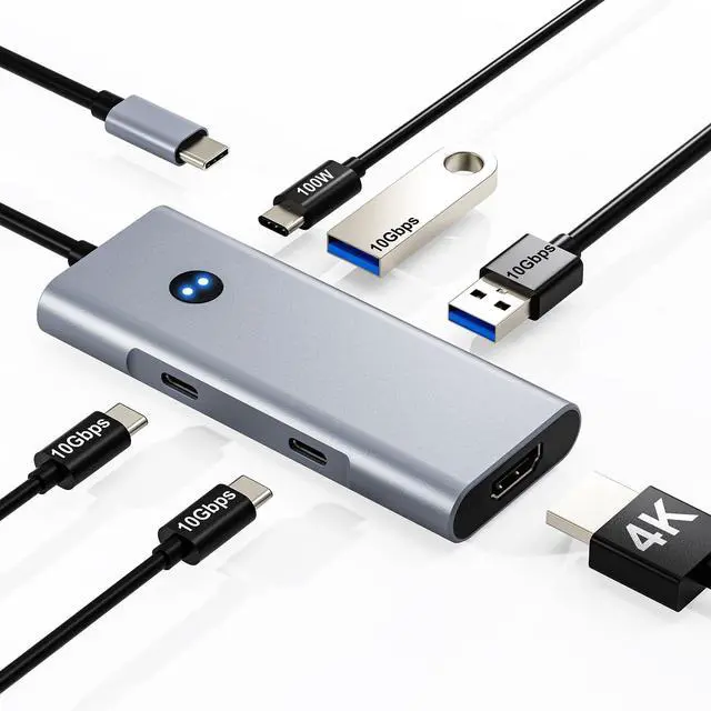 Main image of USB C Hub 6-in-1 with 4K@60Hz HDMI, 2 USB-C & 2 USB-A 10Gbps Ports, Privacy Button, 100W PD Dual USB C Dongle for Mac Laptops, Tablets, Windows Laptops, and More USB-C Devices