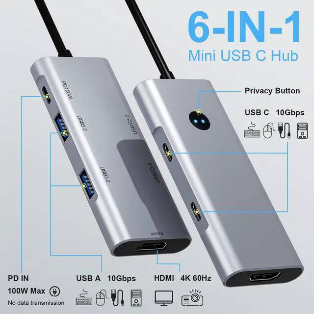 Alt view image 2 of 7 - USB C Hub 6-in-1 with 4K@60Hz HDMI, 2 USB-C & 2 USB-A 10Gbps Ports, Privacy Button, 100W PD Dual USB C Dongle for Mac Laptops, Tablets, Windows Laptops, and More USB-C Devices