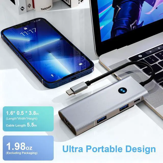 Alt view image 7 of 7 - USB C Hub 6-in-1 with 4K@60Hz HDMI, 2 USB-C & 2 USB-A 10Gbps Ports, Privacy Button, 100W PD Dual USB C Dongle for Mac Laptops, Tablets, Windows Laptops, and More USB-C Devices