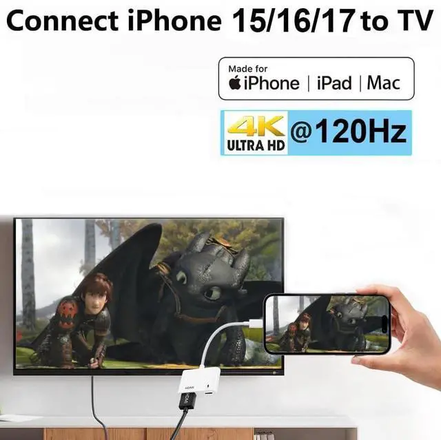 Alt view image 2 of 7 - USB-C to HDMI Adapter 4K@120Hz for iPhone 15 16 17 MacBook Pro Air iPad Pro, MFi Certified USB 3.1 Type C Digital AV HDMI 2.0 Cord Compatible with Samsung Galaxy S25/S24/S23 and More