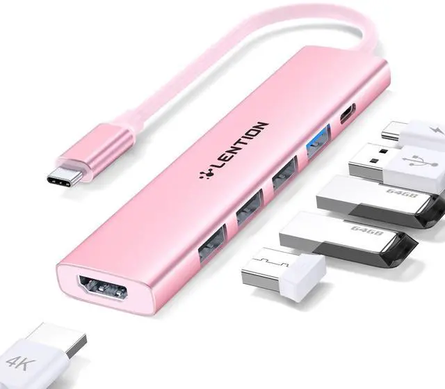 Main image of USB C Hub Multiport Adapter with 100W Charging, 4K HDMI, 4 USB-A Data Ports, Type C Hub for 2016-2026 MacBook Pro/Air/Neo, Surface, Chromebook, USB Splitter for iPhone 15-17 (CH17, Rose Gold)