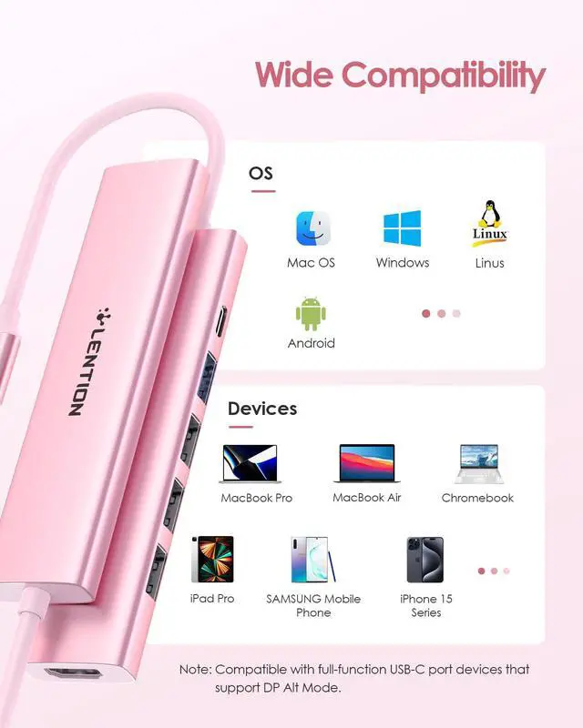 Alt view image 6 of 7 - USB C Hub Multiport Adapter with 100W Charging, 4K HDMI, 4 USB-A Data Ports, Type C Hub for 2016-2026 MacBook Pro/Air/Neo, Surface, Chromebook, USB Splitter for iPhone 15-17 (CH17, Rose Gold)