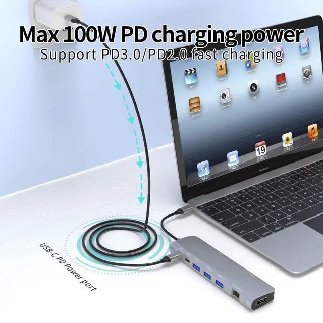 Alt view image 4 of 6 - USB C Hub Multiport Adapter, 9 in 1 Docking Station Laptop with HDMI, Ethernet, 100W PD, 3 USB 3.0 Ports, USB-C Data Port, SD/TF Card Reader, Compatible with MacBook Pro/Air/Dell XPS/Lenovo