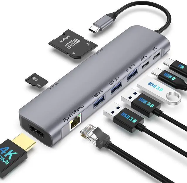 Main image of USB C Hub Multiport Adapter, 9 in 1 Docking Station Laptop with HDMI, Ethernet, 100W PD, 3 USB 3.0 Ports, USB-C Data Port, SD/TF Card Reader, Compatible with MacBook Pro/Air/Dell XPS/Lenovo