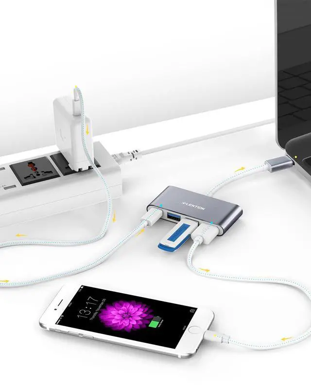 Alt view image 3 of 6 - 4-in-1 USB-C Hub with Type C, USB 3.0, USB 2.0 for 2025-2016 MacBook Pro (M1-M5), iPhone 17-15 New Mac Air/Surface, ChromeBook, More, Multiport Charging & Connecting Adapter (C13, Space Gray)