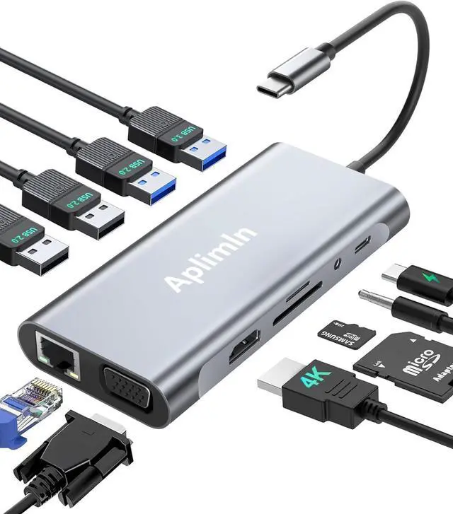 Main image of USB C HUB, USB C Adapter 11 in 1 Dongle with 4K HDMI, VGA, PD 100W, 1 X USB 3.0, 3 X USB 2.0 Ethernet, SD/TF Card Reader, 3.5mm Headphone Jack for iPhone 16/15 MacBook Pro/Air, Other Type C Laptops