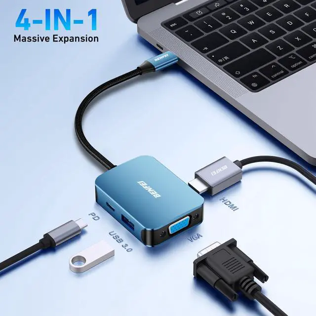 Alt view image 2 of 7 - USB C HUB 4-in-1, USB Type-C to HDMI VGA Adapter, USB C to USB Adapter, USB Type-C Power Delivery, Compatible with iPhone 15 Pro/Max, MacBook Pro/Air 2023, iPad Pro, iMac, S23, XPS 17