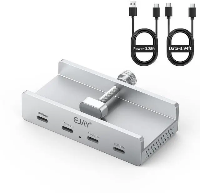 Main image of 10Gbps USB 3.2 Hub, 4-Port Aluminum USB C Hub with Clamp Mount, Powered USB Splitter for Monitor/Desk, Dual Long Cables for Stable Connection, Docking Station for Creators, Silver