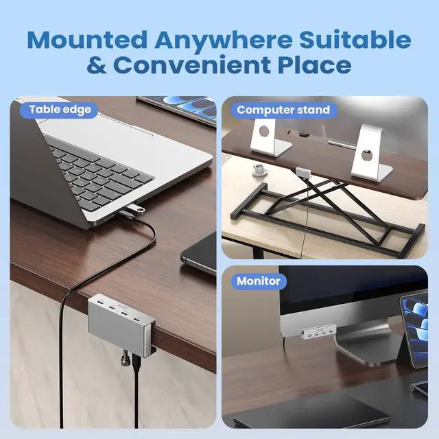 Alt view image 3 of 7 - 10Gbps USB 3.2 Hub, 4-Port Aluminum USB C Hub with Clamp Mount, Powered USB Splitter for Monitor/Desk, Dual Long Cables for Stable Connection, Docking Station for Creators, Silver