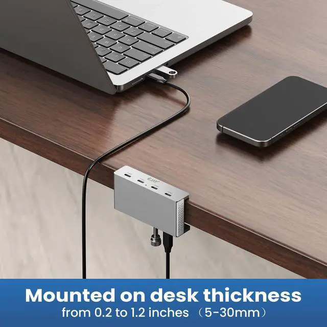 Alt view image 4 of 7 - 10Gbps USB 3.2 Hub, 4-Port Aluminum USB C Hub with Clamp Mount, Powered USB Splitter for Monitor/Desk, Dual Long Cables for Stable Connection, Docking Station for Creators, Silver