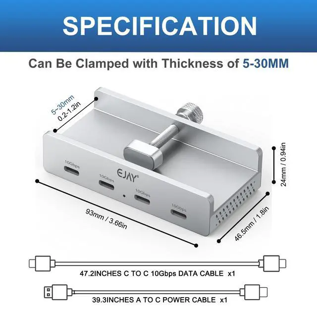 Alt view image 7 of 7 - 10Gbps USB 3.2 Hub, 4-Port Aluminum USB C Hub with Clamp Mount, Powered USB Splitter for Monitor/Desk, Dual Long Cables for Stable Connection, Docking Station for Creators, Silver