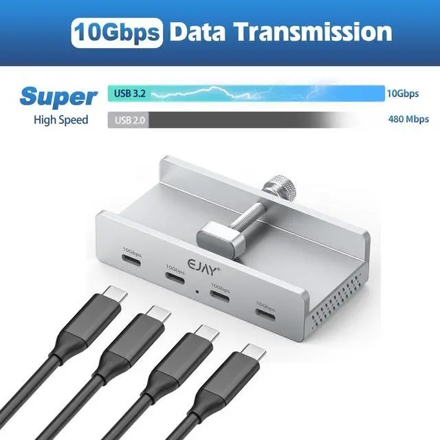 Alt view image 6 of 7 - 10Gbps USB 3.2 Hub, 4-Port Aluminum USB C Hub with Clamp Mount, Powered USB Splitter for Monitor/Desk, Dual Long Cables for Stable Connection, Docking Station for Creators, Silver