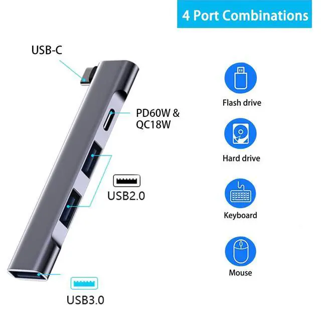 Alt view image 2 of 7 - USB C Hub for Laptop, Portable USB C Splitter Multiport Adapter with Type-C Charging Port and USB 3.0 Port for MacBook Pro/Air, Surface Pro, Keyboard, Flash Drive