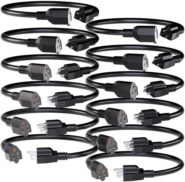 Main image of 12 Pack Short Extension Cord 1 Foot Black, 16/3 Gauge Indoor Power Extension Cable, 13A 125V 1625W 16AWG, 3 Prong Outlet Saver NEMA 5-15P to NEMA 5-15R, ETL Listed POWGRN
