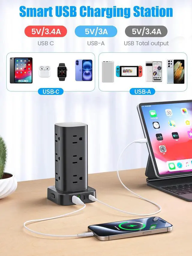 Alt view image 3 of 7 - Flat Plug Power Strip Tower Surge Protector, 10FT Flat Extension Cord with Multiple Outlets, 12 AC Outlets, 4 USB Ports (2 USB C) Charging Station for Office Home Dorm Room Travel (Black)