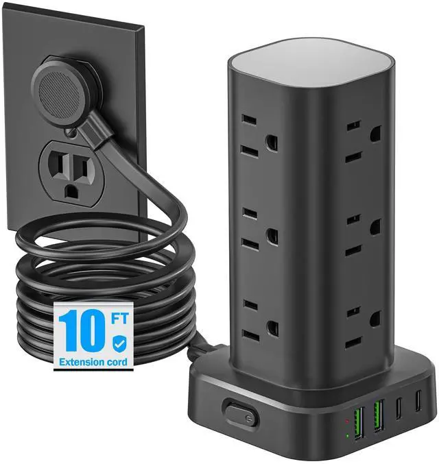 Main image of Flat Plug Power Strip Tower Surge Protector, 10FT Flat Extension Cord with Multiple Outlets, 12 AC Outlets, 4 USB Ports (2 USB C) Charging Station for Office Home Dorm Room Travel (Black)