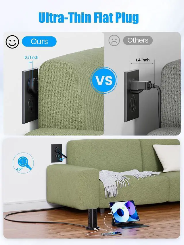 Alt view image 4 of 7 - Flat Plug Power Strip Tower Surge Protector, 10FT Flat Extension Cord with Multiple Outlets, 12 AC Outlets, 4 USB Ports (2 USB C) Charging Station for Office Home Dorm Room Travel (Black)