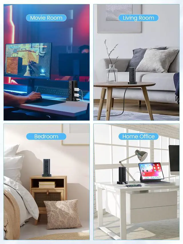 Alt view image 7 of 7 - Flat Plug Power Strip Tower Surge Protector, 10FT Flat Extension Cord with Multiple Outlets, 12 AC Outlets, 4 USB Ports (2 USB C) Charging Station for Office Home Dorm Room Travel (Black)