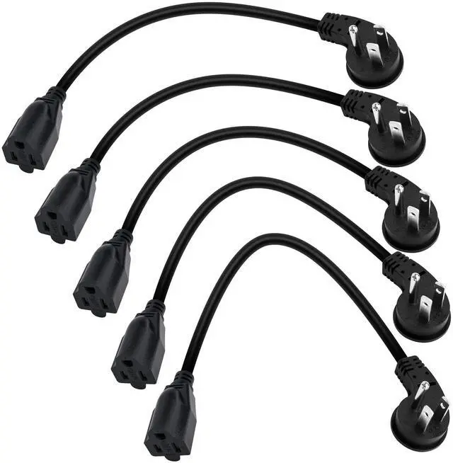 Main image of 8 Inch Short Power Extension Cord 5Pack,45-Degree Low Profile Flat Plug 3-Prong Male to Female Heavy Duty Grounded Power Extension Cable Outlet Saver Socket Adapter, ETL Listed, 16AWG, SJTW 13A 1625W