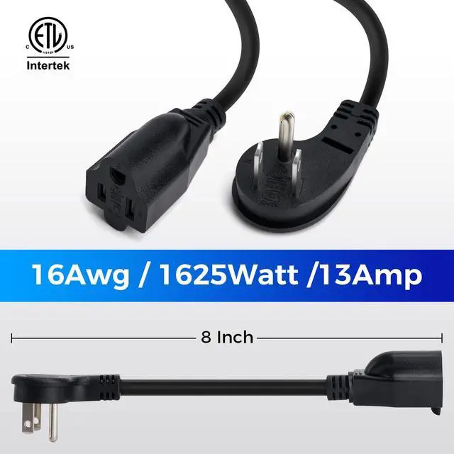 Alt view image 2 of 6 - 8 Inch Short Power Extension Cord 5Pack,45-Degree Low Profile Flat Plug 3-Prong Male to Female Heavy Duty Grounded Power Extension Cable Outlet Saver Socket Adapter, ETL Listed, 16AWG, SJTW 13A 1625W