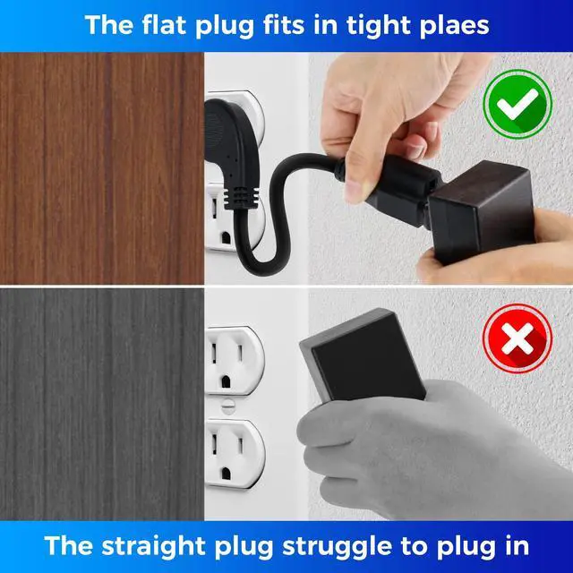 Alt view image 4 of 6 - 8 Inch Short Power Extension Cord 5Pack,45-Degree Low Profile Flat Plug 3-Prong Male to Female Heavy Duty Grounded Power Extension Cable Outlet Saver Socket Adapter, ETL Listed, 16AWG, SJTW 13A 1625W