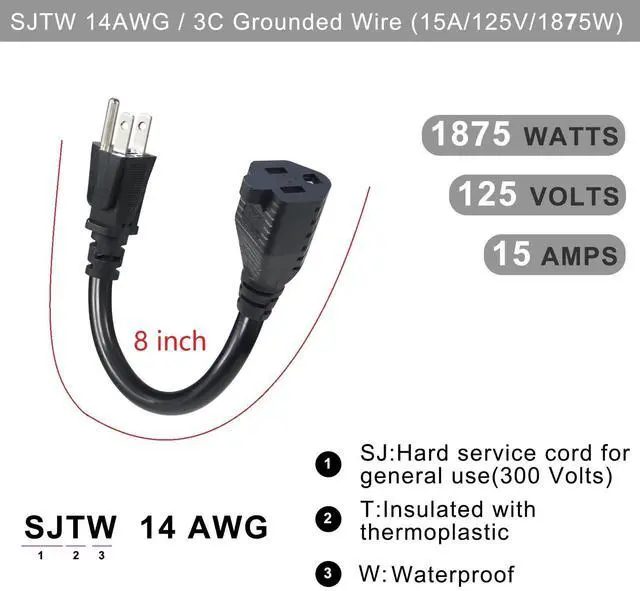Alt view image 2 of 7 - Short Power Extension Cord - 15A 6 Inch 3 Prong Outlet Saver, 1875W 14AWG/3C SJTW Heavy Duty Power Cord Extension Cable (NEMA 5-15P to NEMA 5-15R) Indoor/Outdoor Use, Black 4-Pack