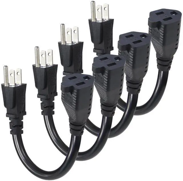 Main image of Short Power Extension Cord - 15A 6 Inch 3 Prong Outlet Saver, 1875W 14AWG/3C SJTW Heavy Duty Power Cord Extension Cable (NEMA 5-15P to NEMA 5-15R) Indoor/Outdoor Use, Black 4-Pack