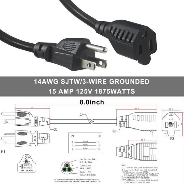 Alt view image 7 of 7 - Short Power Extension Cord - 15A 6 Inch 3 Prong Outlet Saver, 1875W 14AWG/3C SJTW Heavy Duty Power Cord Extension Cable (NEMA 5-15P to NEMA 5-15R) Indoor/Outdoor Use, Black 4-Pack