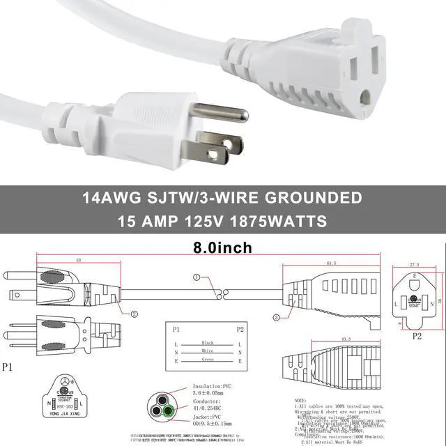 Alt view image 7 of 7 - Short Power Extension Cord - 15A 6 Inch 3 Prong Outlet Saver, 1875W 14AWG/3C SJTW Heavy Duty Power Cord Extension Cable (NEMA 5-15P to NEMA 5-15R) Indoor/Outdoor Use, White 4-Pack