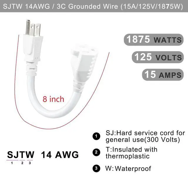 Alt view image 2 of 7 - Short Power Extension Cord - 15A 6 Inch 3 Prong Outlet Saver, 1875W 14AWG/3C SJTW Heavy Duty Power Cord Extension Cable (NEMA 5-15P to NEMA 5-15R) Indoor/Outdoor Use, White 4-Pack
