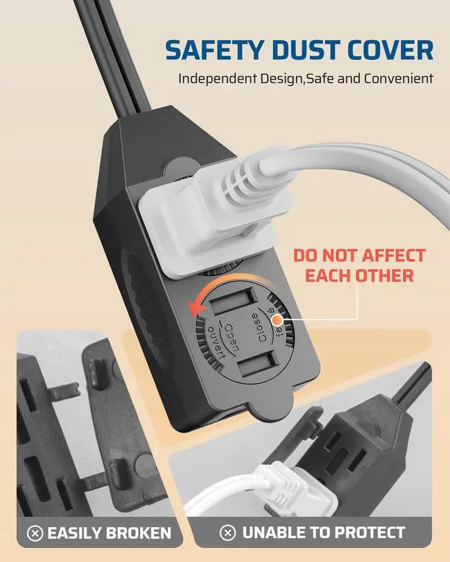 Alt view image 2 of 7 - 6FT Extension Cord, 2 Prong Extension Cord 3 Outlet with Dustproof Sliding Covers, SPT-2 AWG16/2 Power Cable for Indoor Use, 13A/125V/1625W, Black, ETL Listed, 2 Pack