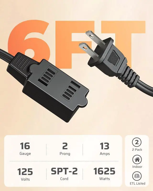 Alt view image 7 of 7 - 6FT Extension Cord, 2 Prong Extension Cord 3 Outlet with Dustproof Sliding Covers, SPT-2 AWG16/2 Power Cable for Indoor Use, 13A/125V/1625W, Black, ETL Listed, 2 Pack