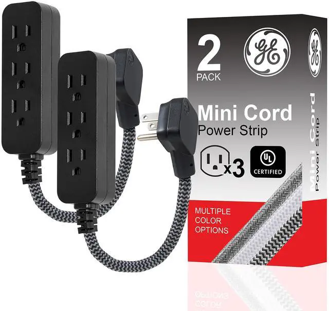 Main image of 3-Outlet Power Strip Mini Extension Cord with Multiple Outlets 5 Inch Braided Short Cord Extension Cord Grounded Flat Plug Extension Cord ETL Listed 2 Pack Black 53240