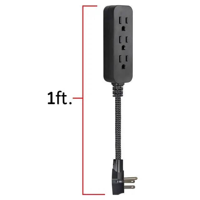 Alt view image 3 of 7 - 3-Outlet Power Strip Mini Extension Cord with Multiple Outlets 5 Inch Braided Short Cord Extension Cord Grounded Flat Plug Extension Cord ETL Listed 2 Pack Black 53240