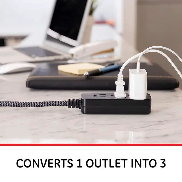 Alt view image 6 of 7 - 3-Outlet Power Strip Mini Extension Cord with Multiple Outlets 5 Inch Braided Short Cord Extension Cord Grounded Flat Plug Extension Cord ETL Listed 2 Pack Black 53240