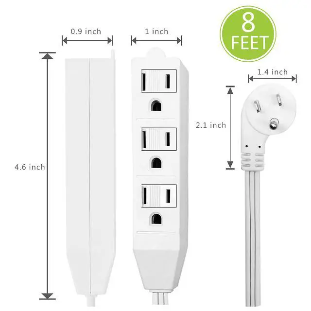 Alt view image 2 of 5 - White Flat Plug Extension Cord, Short Power Cord with 3 Prong Standard Ground sockets, Basic Indoor 3-pin Ground Cable, UL Listed 8FT, 2PK