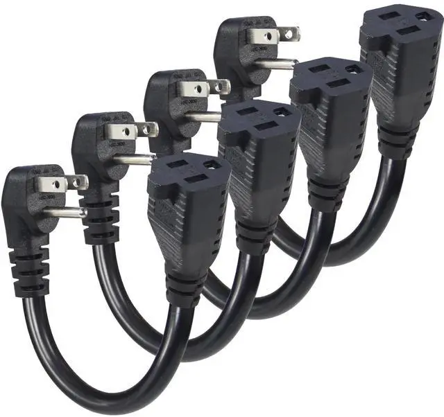 Main image of Short Power Extension Cord - Low Profile Wall Head 6 Inch 14AWG/3C SJTW Heavy Duty Extension Cable for Indoor/Outdoor, 90-Degree Flat Plug 15A/125V 1875W NEMA 5-15P to NEMA 5-15R, Black 4-Pack