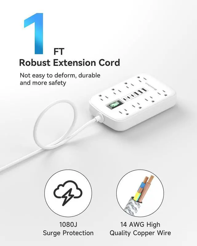 Alt view image 2 of 7 - Short Extension Cord 1 ft, Small Power Strip Flat Outlet Extender Surge Protector with 8 AC Outlets 6 USB (5V/4.8A 24W), Mini Extension Cord Flat Wall Plug for Home Office Dorm Kitchen Bathroom