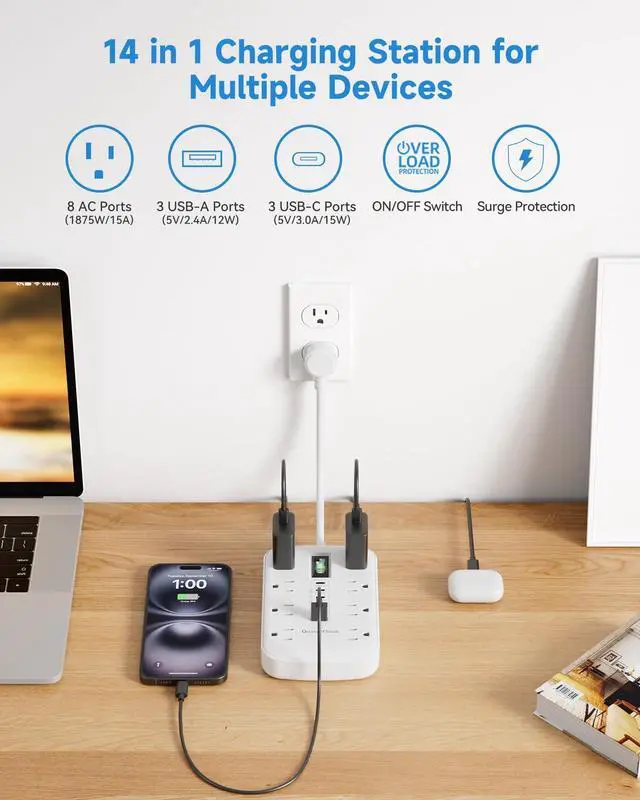 Alt view image 3 of 7 - Short Extension Cord 1 ft, Small Power Strip Flat Outlet Extender Surge Protector with 8 AC Outlets 6 USB (5V/4.8A 24W), Mini Extension Cord Flat Wall Plug for Home Office Dorm Kitchen Bathroom