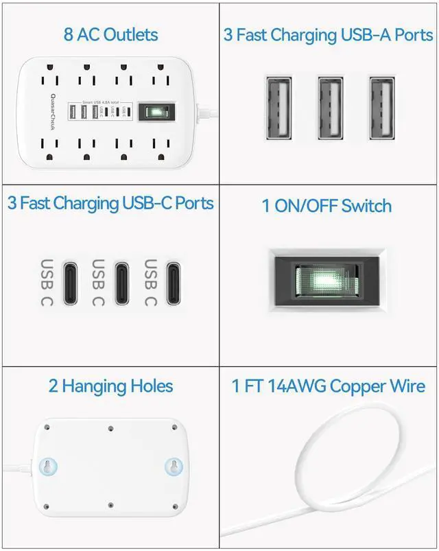 Alt view image 7 of 7 - Short Extension Cord 1 ft, Small Power Strip Flat Outlet Extender Surge Protector with 8 AC Outlets 6 USB (5V/4.8A 24W), Mini Extension Cord Flat Wall Plug for Home Office Dorm Kitchen Bathroom