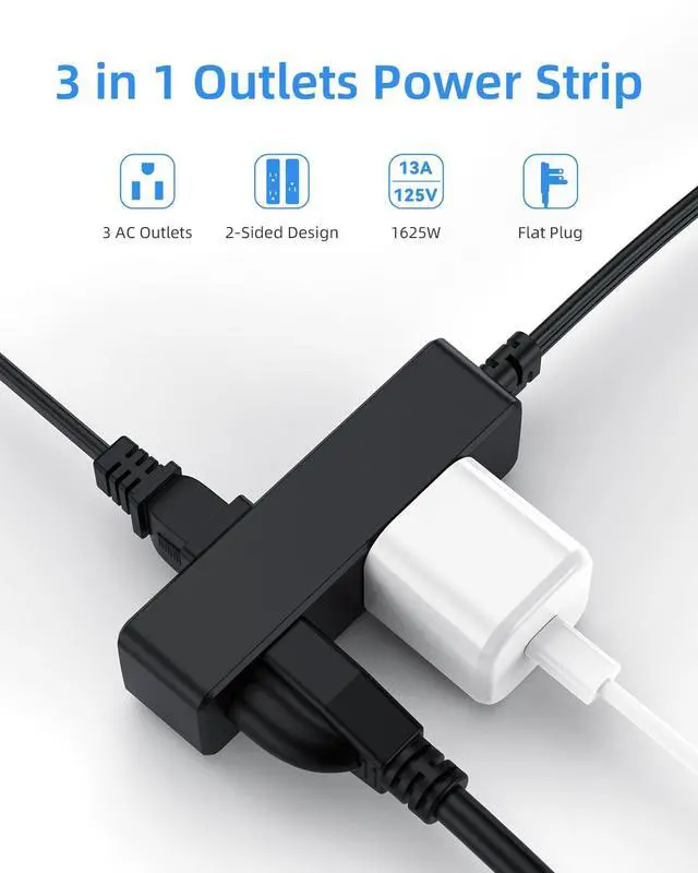 Alt view image 2 of 7 - Flat Plug Extension Cord with 3 Outlets - 8Ft Low Profile Indoor 3 Prong Grounded Power Strip for Home Office & Travel - 16 AWG 13A/1625W, Black