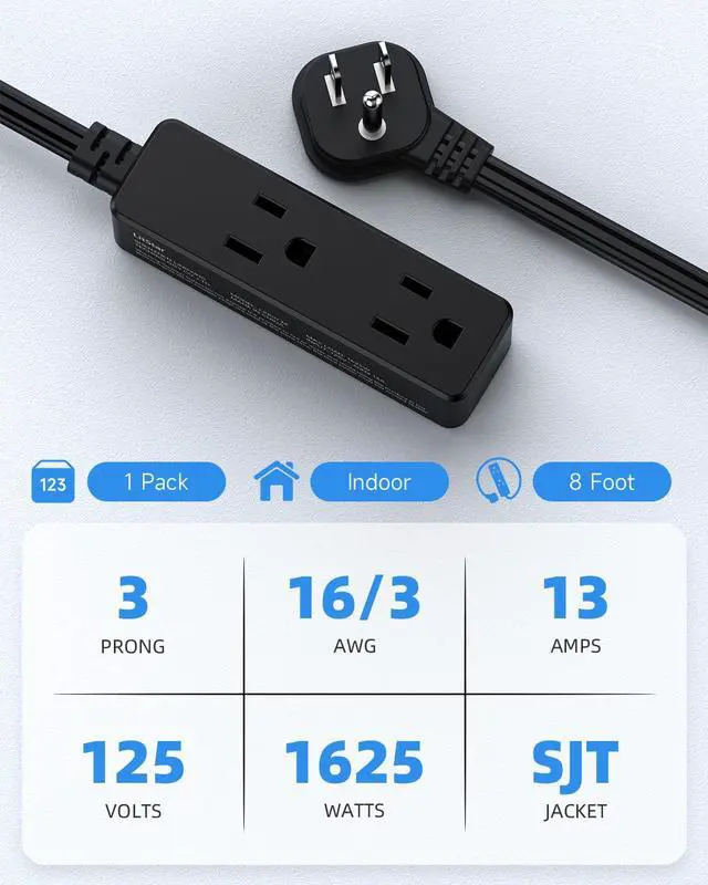 Alt view image 3 of 7 - Flat Plug Extension Cord with 3 Outlets - 8Ft Low Profile Indoor 3 Prong Grounded Power Strip for Home Office & Travel - 16 AWG 13A/1625W, Black