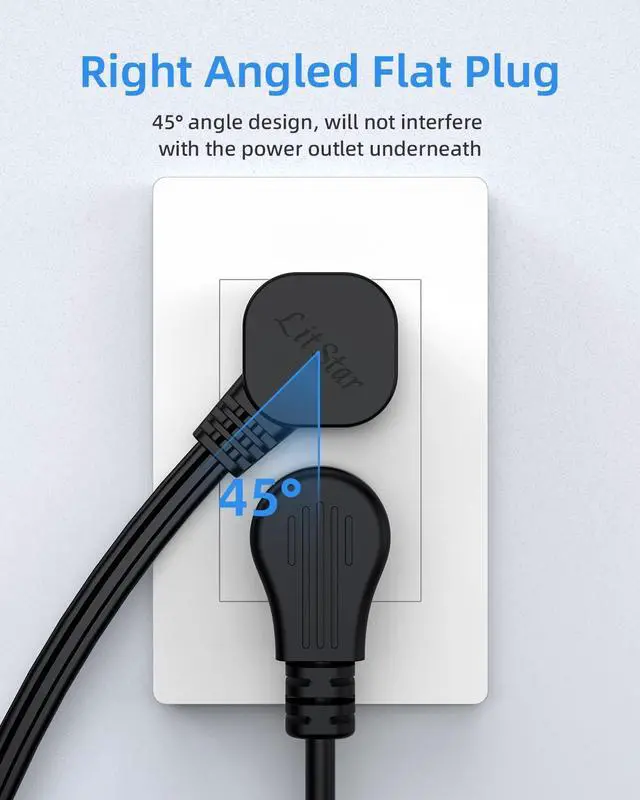 Alt view image 4 of 7 - Flat Plug Extension Cord with 3 Outlets - 8Ft Low Profile Indoor 3 Prong Grounded Power Strip for Home Office & Travel - 16 AWG 13A/1625W, Black