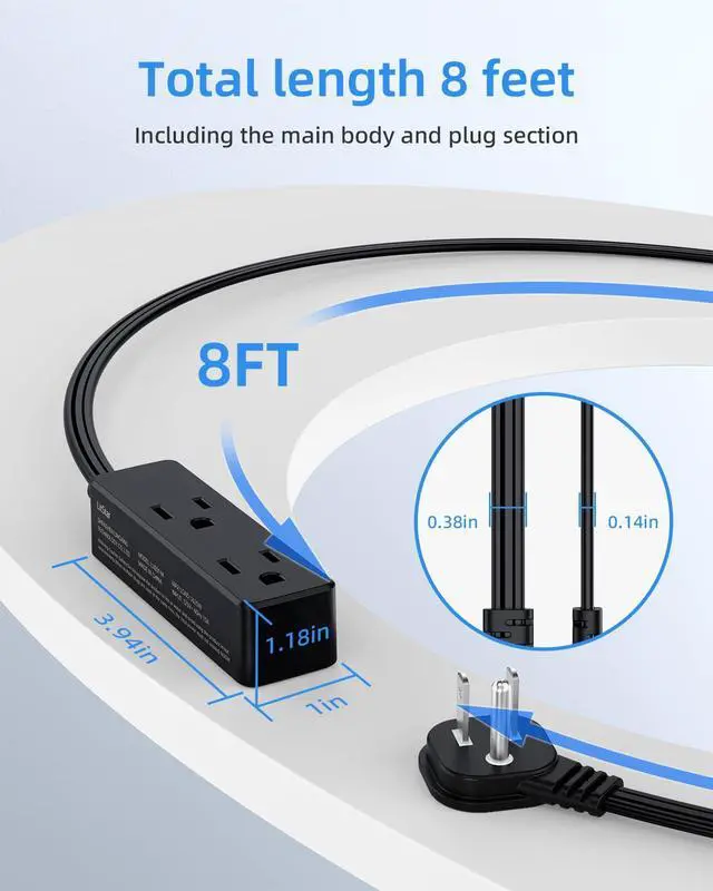 Alt view image 5 of 7 - Flat Plug Extension Cord with 3 Outlets - 8Ft Low Profile Indoor 3 Prong Grounded Power Strip for Home Office & Travel - 16 AWG 13A/1625W, Black