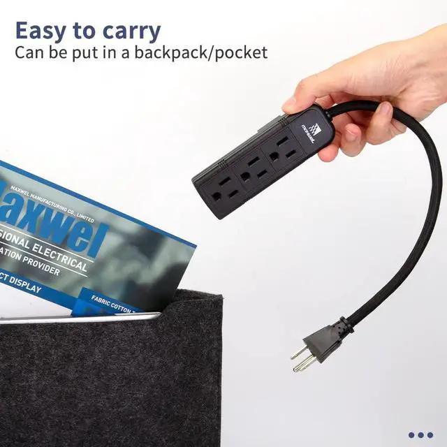 Alt view image 5 of 7 - 2Pack Small Power Strip Black Outlet - 1FT Heavy Duty Power Extension Cord, Mini Size Portable 3 Outlet Power Strip for Office,Computer,Home Accessories,Travel,ETL Listed (13a/125v/60hz/1625w)