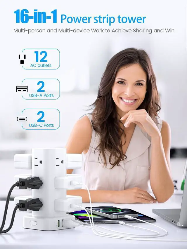 Alt view image 2 of 7 - Flat Plug Power Strip Tower Surge Protector, 10FT Flat Extension Cord with Multiple Outlets, 12 AC Outlets, 4 USB Ports (2 USB C) Charging Station for Office Home Dorm Room Travel (White)