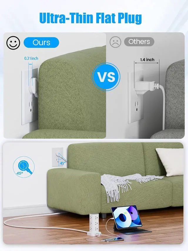 Alt view image 3 of 7 - Flat Plug Power Strip Tower Surge Protector, 10FT Flat Extension Cord with Multiple Outlets, 12 AC Outlets, 4 USB Ports (2 USB C) Charging Station for Office Home Dorm Room Travel (White)