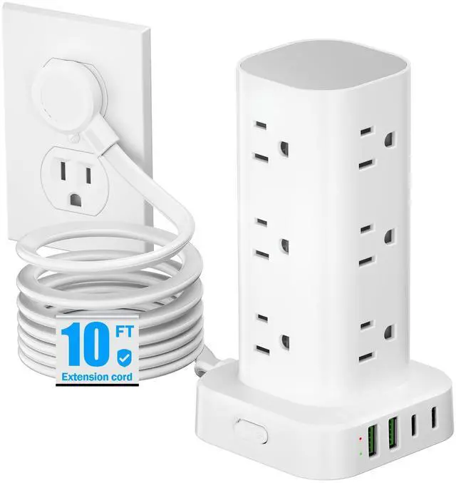 Main image of Flat Plug Power Strip Tower Surge Protector, 10FT Flat Extension Cord with Multiple Outlets, 12 AC Outlets, 4 USB Ports (2 USB C) Charging Station for Office Home Dorm Room Travel (White)