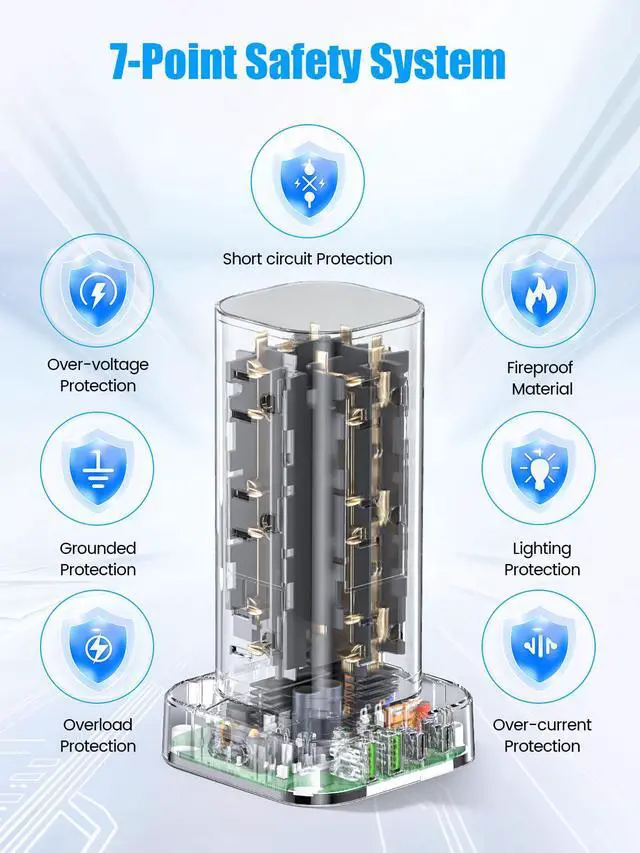 Alt view image 4 of 7 - Flat Plug Power Strip Tower Surge Protector, 10FT Flat Extension Cord with Multiple Outlets, 12 AC Outlets, 4 USB Ports (2 USB C) Charging Station for Office Home Dorm Room Travel (White)