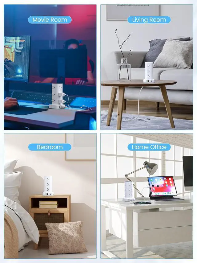 Alt view image 7 of 7 - Flat Plug Power Strip Tower Surge Protector, 10FT Flat Extension Cord with Multiple Outlets, 12 AC Outlets, 4 USB Ports (2 USB C) Charging Station for Office Home Dorm Room Travel (White)